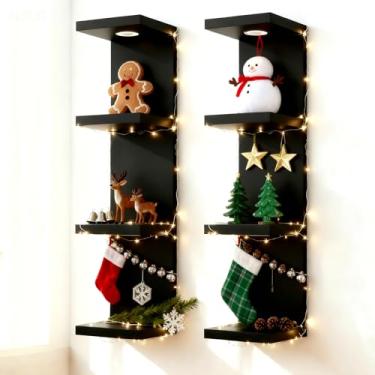 Imagem de NET MEYA Prateleira de parede de 4 níveis, prateleira de parede branca, prateleira flutuante com luz de controle remoto LED, prateleiras flutuantes versáteis para livros e decoração, preta