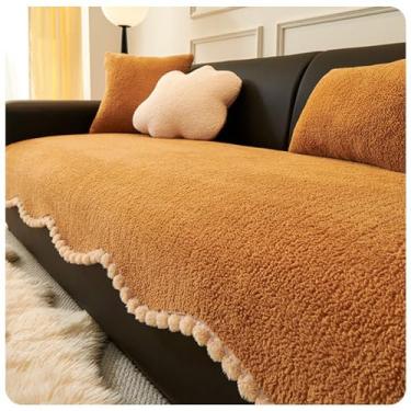 Imagem de HGTRH Capa de veludo para sofá de 3 lugares conversível em forma de L, capas de sofá laváveis para sofá de 3 lugares, capa de sofá com 2 almofadas e borda marrom 110 x 110