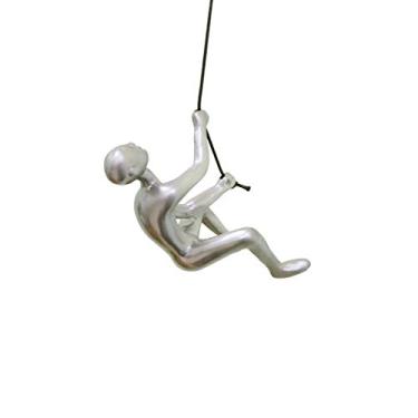 Imagem de Escultura de arte de parede 3D Homem Escalada de poliresina durável, corda de couro de 76,2 cm e ferragens para pendurar incluídas, Prata, 1