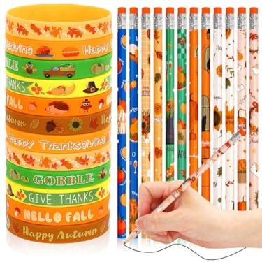 Imagem de JUNEBRUSHS Conjunto de 72 peças de lembrancinhas de outono, 36 peças de lápis de outono com 36 peças de pulseiras de silicone, pulseiras de borracha, lápis para crianças, escola, sala de aula, Ação de