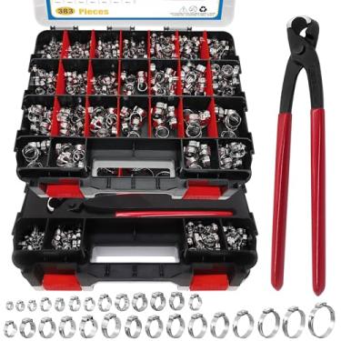 Imagem de Braçadeiras de mangueira de orelha única de 383 peças, 28 tamanhos, braçadeiras de orelha de aço inoxidável 304, braçadeiras ajustáveis contínuas de 5,3 a 33,1 mm para automóvel, linha de