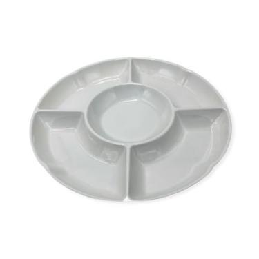 Imagem de Petisqueira Redonda 5 Divisórias, Melamina Branca, 30cm Diâmetro, para Salgados e Aperitivos