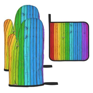 Imagem de Fundo de madeira colorido arco-íris – Conjunto de cozinha essencial com 3 peças, luvas resistentes ao calor e aderência da tampa, proteção para churrasco no forno, design de armazenamento suspenso.