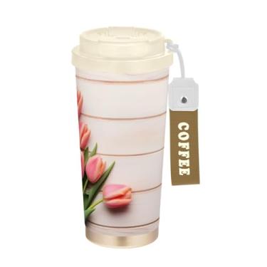 Imagem de Wassud Caneca de café com isolamento térmico de tulipas fofas à prova de vazamento com tampa e canudo garrafa de água de aço inoxidável para café quente/gelo, chá e cerveja