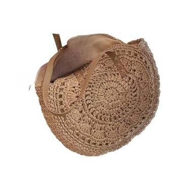 Imagem de Bolsa De Praia Redonda De Palha – Bolsa De Ombro Feminina, Adequada Para Praias E Passeios(XV-012 Caqui)