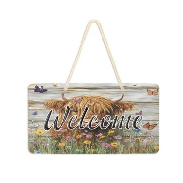 Imagem de Burbuja Placa de boas-vindas de madeira com flores silvestres de vaca para porta da frente, placa de boas-vindas de PVC para decoração de férias, 15 x 28 cm