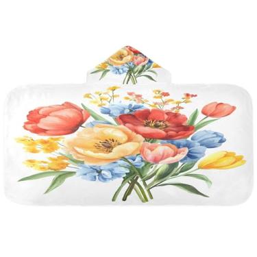 Imagem de Burbuja Toalha de banho com capuz buquê floral em aquarela para crianças, toalha de praia de pelúcia macia absorvente para meninas e meninos 3-10 anos, 61 x 127 cm