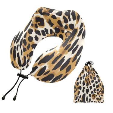 Imagem de CEBUGI Travesseiros de viagem portáteis em forma de U, travesseiro de pescoço de espuma viscoelástica com trava de corda ajustável para avião, viagem, trem, negócios, escritório, soneca (estampa