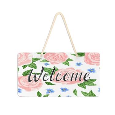 Imagem de Burbuja Placa de boas-vindas peônias rosa para porta da frente, placa de boas-vindas de PVC para decoração de férias de casa de fazenda, 15 x 28 cm