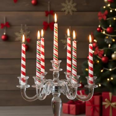 Imagem de Zhengmy Pacote com 8 velas cônicas de Natal, castiçais de Natal de 25 cm de altura, presentes listrados de bolinhas vermelhas e verdes para decoração de mesa de jantar de Natal (listras combinadas)