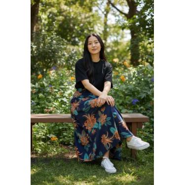 Imagem de Saia Longa Luxo em Viscose e Poliamida Estampada Cintura Alta Botões F