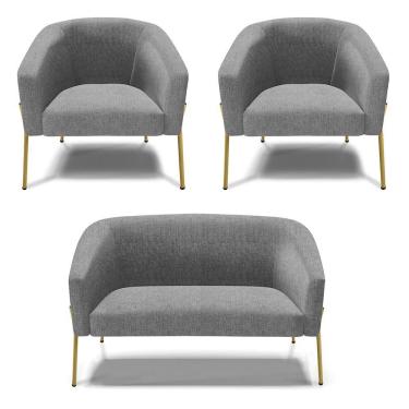 Imagem de Sofá Namoradeira E 2 Poltronas Pé De Ferro Dourado Stella Linho Grafite A26 D03 - D'rossi