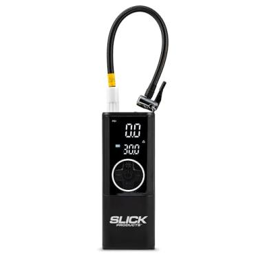 Imagem de Slick Products Inflador de pneu digital portátil e compressor de ar – Bomba recarregável de 140 PSI sem fio com medidor de pressão, lanterna, pisca-pisca de emergência e carregador portátil