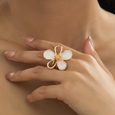 Imagem de Anéis de ouro grossos para mulheres, conjunto de joias de compromisso de casamento empilhável floral, Medium, Latão, Sem pedra preciosa