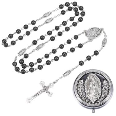 Imagem de Weyuley 2 peças/1 conjunto de colar de contas de oração com cruz católica e conjunto de caixa de joias da Virgem Maria. É um presente religioso ideal para batismo e oração., free size, Aço inoxidável