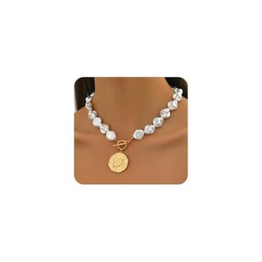 Imagem de Colar gargantilha feminina com corrente de pérolas douradas, pingente de medalhão grande, clipe de papel, colar de botão OT, joias de pescoço, Large, Liga de aço, Sem Pedra Preciosa