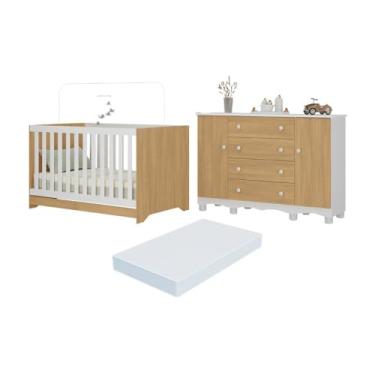 Imagem de Berço Americano 3 em 1 com Colchão Incluso e Cômoda 2 Portas 4 Gavetas Dengo Multimóveis Mp4706 Branco/madeirado
