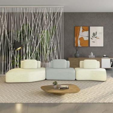 Imagem de Sofá Ilha Sala de Estar Dakota 3 Módulos 484cm Encostos Almofadas Soltas Linho OffWhite/Cinza G33 - Gran Belo