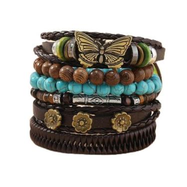 Imagem de Pulseira feminina turquesa ocidental, 6 peças, cowgirl, caubói, boêmia ocidental, tribal, PU, ajustável, design de borboleta, com miçangas, cordão boho, pulseiras empilháveis