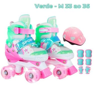 Imagem de Patins Infantil 4 Rodas Ajustável Rodinha Led Sereia + Kit Proteção - 