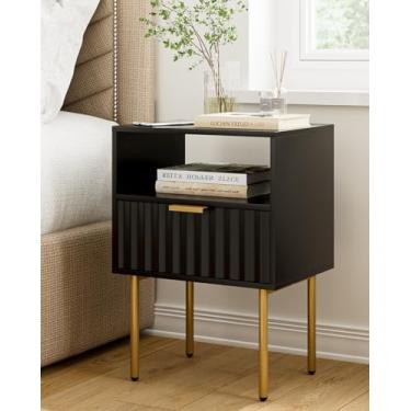 Imagem de Aienvey Mesa de cabeceira, mesa de cabeceira moderna com moldura dourada, mesa de cabeceira preta, móveis de cabeceira, mesa lateral moderna com gaveta e prateleira para quarto, sala de estar (preto)