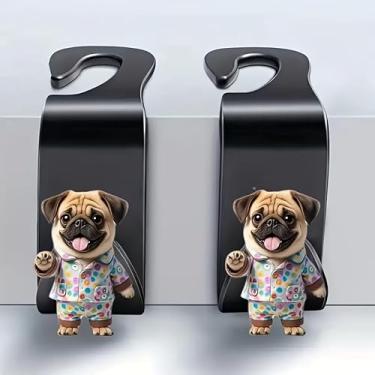 Imagem de 2 peças de ganchos de acrílico para encosto de cabeça, pug fofo com estampa de pijama de bolinhas, organizador de assento traseiro de veículo para bolsas, mantimentos e bolsas/QCGG-05