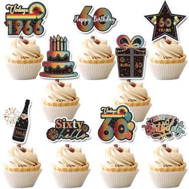 Imagem de Hokinaa 60th Birthday Cupcake Toppers - 36 Pcs Vintage Retro Sunset Birthday Party Decorations Paper Cup Cake Picks, Happy Anniversary Cheers to 60 Year Old Back in 1966 Decor Supplies for Men Women