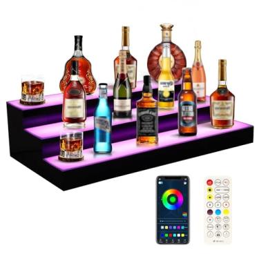 Imagem de Dollate Exibição de garrafa de licor iluminada por LED de 3 níveis, prateleiras de vinho de mesa de LED com controle remoto RF e aplicativo, iluminação ajustável e rack de armazenamento de bebidas em