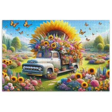 Imagem de Quebra-cabeças de flores de caminhão 500 peças para adultos cenário floral paisagem quebra-cabeças engraçados presentes de jogo de quebra-cabeça