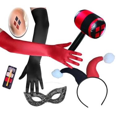 Imagem de Sanctuarie Designs Kit Harley Arlequim Vermelho e Preto Mallet Headband Tattoo's Mask Luvas Maquiagem (kit de 7 peças)