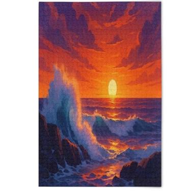 Imagem de Quebra-cabeça vibrante do pôr do sol do mar 500 peças para adultos, presentes para jogo de elefante branco, quebra-cabeças grandes e legais, arte de paisagem, 500 peças, 52 x 37,8 cm