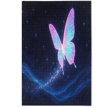 Imagem de Quebra-cabeças pretos de borboleta neon pastel 1000 peças para adultos, quebra-cabeças divertidos e divertidos para presente, cenário estético, arte floral, 1000 peças, 75 x 50 cm
