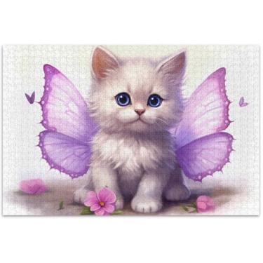 Imagem de Quebra-cabeça de asas de borboleta de gatinho fofo 500 peças para adultos arte engraçada flor pintura animal, 50 x 35 centímetros
