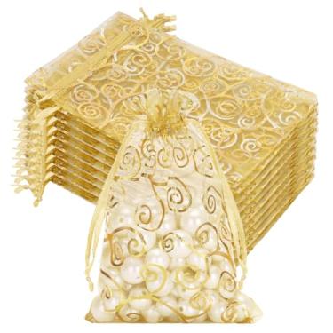 Imagem de joycraft 50 sacos de presente de organza - 10 x 15 cm em malha dourada com cordão, bolsa de lembrancinha de festa de organza para dia dos namorados, casamento, aniversário, chá de casamento