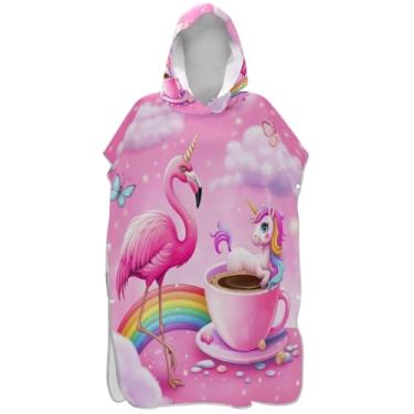 Imagem de Joisal Roupão para adultos, poncho de surfe, toalha de banho com capuz, absorvente, feminino, ponchos com capuz, fofo, rosa, fantasia, flamingo, unicórnio