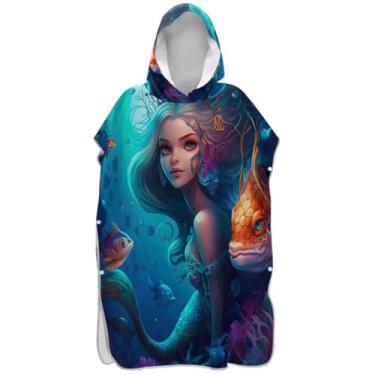 Imagem de Joisal Roupão para adultos, poncho de surfe, toalhas de banho com capuz, secagem rápida, ponchos de praia para homens, anime, sereia, peixe