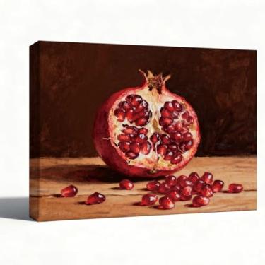 Imagem de Arte de parede em tela de romã natureza morta, impressão de pintura a óleo de frutas vermelhas, decoração de cozinha rústica, sala de jantar, parede de galeria embrulhada, pronta para pendurar