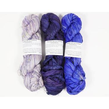 Imagem de Vintageandyou Fio de fita de seda Sari reciclado - pacote com 300 g | Tiras de seda recicladas para crochê, tecelagem, macramé, tricô e artesanato de fibra | Feito à mão - azul