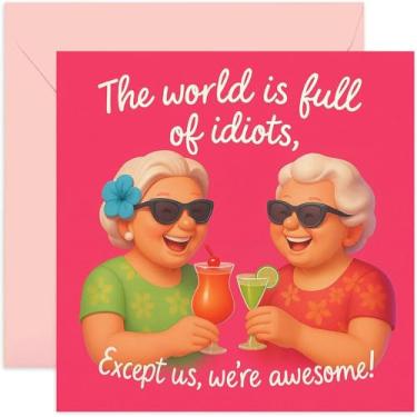 Imagem de Cartão de aniversário engraçado para ela, mulheres, irmã, BFF, Bestie, Best Friend, 30s 40s - 'World Is Full of Idiots' - quadrado, em branco por dentro com envelope premium