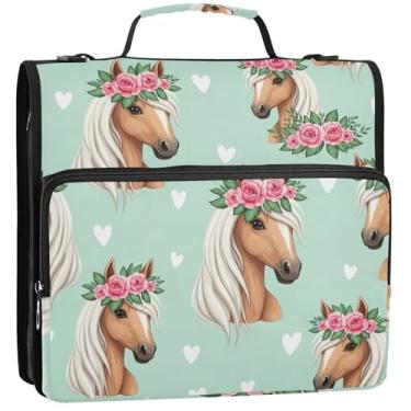 Imagem de Lindo organizador de fichário com zíper de crina de cavalo caramelo com 3 argolas de 3 cm D com alça de ombro para pasta de portfólio de armazenamento escolar com alça, 34,5 x 31,5 x 8,9 cm