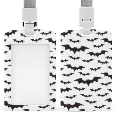 Imagem de Morcegos de Halloween pretos sem costura em suporte de crachá de identificação branco com cordão, suporte de cartão de plástico com clipe de pressão removível para estudante, professor, enfermeira