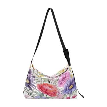 Imagem de Bolsa tiracolo de couro vegano estilo tribal com marrom e preto, bolsas transversais de couro Hobo para mulheres, Flores e folhas florais em aquarela - 2, One Size
