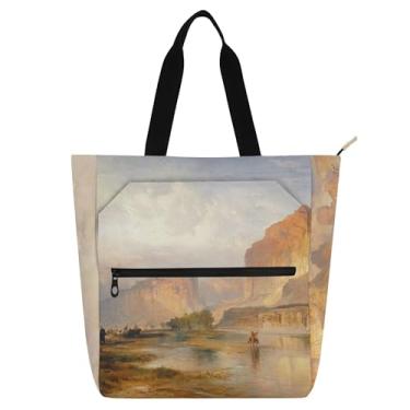 Imagem de GAIGEO Thomas Moran Bolsa feminina de trabalho com pintura de paisagem de lona com zíper bolsa de praia utilitária infantil com compartimentos