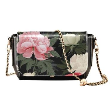 Imagem de GAIGEO Bolsa de ombro média com quatro flores de peônia para mulheres, bolsa tiracolo feminina de couro, Flores de peônia floral-1, One Size