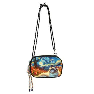 Imagem de TSENQUE Bolsa feminina pequena bolsa tiracolo carteira para celular bolsa casual fofa de viagem bolsas de ombro Ragdoll gato noite estrelada flores