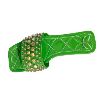 Imagem de Chinelos femininos rasos de bico quadrado para uso diário casual verão confortável design sem cadarço para ambientes internos e externos, Verde, 35