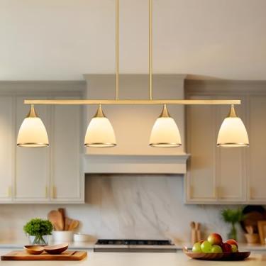 Imagem de OTeedo Luzes de ilha modernas para cozinha, lustres de casa de fazenda de 4 luzes para sala de jantar, luminárias pendentes lineares de 99,8 cm, lustre de sala de jantar sobre mesa, abajur de vidro