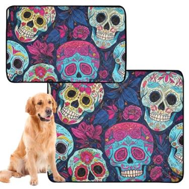 Imagem de Almofadas coloridas de caveiras e flores azuis escuras laváveis à prova d'água para cercadinho para cães, almofadas absorventes de treinamento de filhotes, médio + grande, conjunto de 2