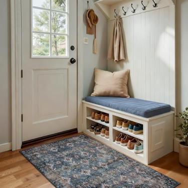 Imagem de Arvenchy Tapete lavável 3x5: Tapetes e tapetes pequenos vintage para entrada, cozinha, banheiro, quarto, interior, antiderrapante, resistente a manchas - azul marinho