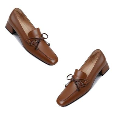 Imagem de MOOMMO Mocassins femininos grossos de salto baixo com laço de camurça, sem fecho, bico quadrado, mocassim oxfords confortáveis 2,5 cm salto bloco sapatos sociais escarpim de trabalho para escritório